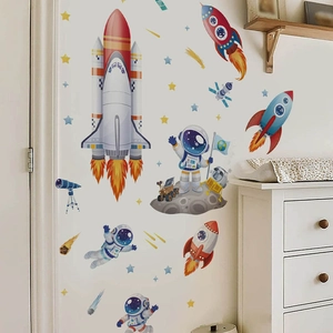 Space astronaut and rocket wall decals for nursery room decoration on white walls
