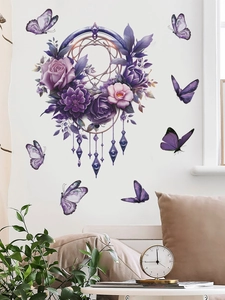 Detail view of purple dreamcatcher wall sticker with flowers and butterflies in home setting