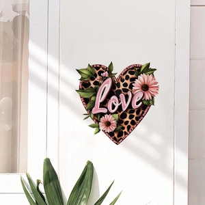 Leopard print heart wall sticker with Love text and pink flowers on white wood background
