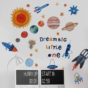 Space rocket wall stickers for kids room with planets and Dream Big Little One quote