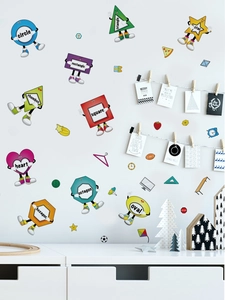 Detail of colorful geometric shape wall stickers with cute faces for kids room decor