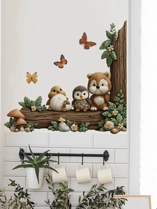 Détail de stickers muraux animaux de la forêt avec renard et hibou effet 3D sur mur