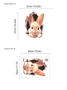 Detail der 3D Wandsticker Layoutgröße und Klebeeffekt eines süßen Hasen an der Wand