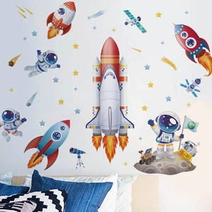 Outer space rocket and astronaut wall stickers set for kids bedroom decor