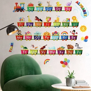 Alphabet train wall decals with animals for kids room, colorful PVC nursery wall stickers