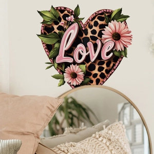 Bohemian heart wall sticker with leopard print and pink daisy floral Love design
