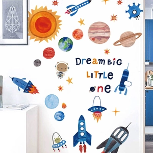 Space rocket planets wall decal set with Dream Big Little One quote for kids rooms