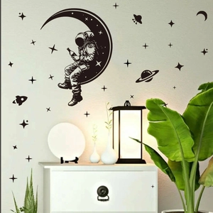 Space Astronaut Sitting On Moon Wall Sticker Removable PVC Decal Black Silhouette Stars Rocket UFO For Bedroom Nursery Decor
