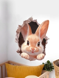 Detail eines 3D-Hasen-Wandstickers mit niedlichem Cartoon-Häschen, das durch die Wand bricht
