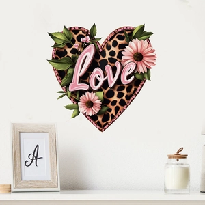 Heart-shaped leopard print wall sticker with pink daisies and 3D Love text for home decor