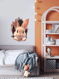Detailansicht eines 3D-Wandstickers mit süßem Hasen, der durch einen Wanddurchbruch schaut