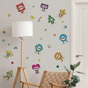 Cartoon geometric shapes wall stickers with English educational names for kids room décor