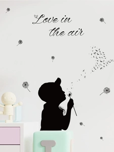Détail du sticker mural pissenlit noir avec texte 'Love in the air' pour la décoration