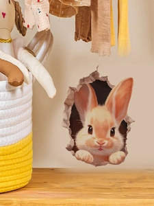 3D Wandaufkleber mit realistischem Hasen der aus einem Loch in der Wand schaut