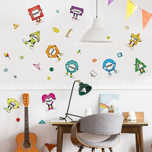 Educational geometric shapes wall decals for kids room with cute cartoon faces