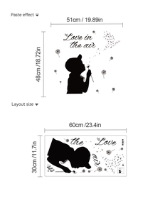 Détail du sticker mural garçon pissenlit montrant les dimensions et le rendu final