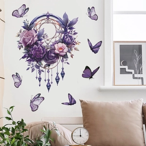 Purple flower dreamcatcher wall sticker with butterflies for bedroom home decoration