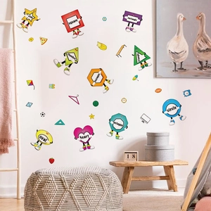 Nursery wall stickers featuring geometric cartoon shapes with English educational words