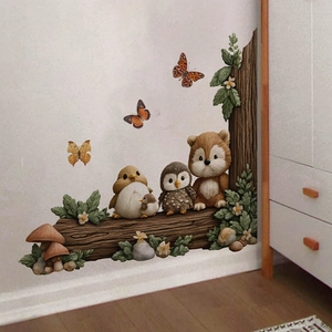 Sticker mural 3D animaux de la forêt avec hibou et écureuil sur branche pour la maison