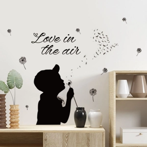 Moderne Minimaliste Garçon Pissenlit Sticker Mural PVC Amovible Silhouette Noire Autocollant Mural Pour Salon Chambre Décoration Maison