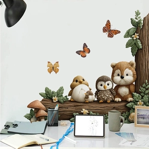 Sticker mural 3D animaux de la forêt avec ours et hibou sur un mur blanc de bureau