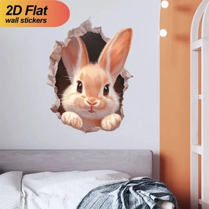 3D-Effekt Kaninchen Wandtattoo mit süßem Hasen, der durch einen Wanddurchbruch schaut