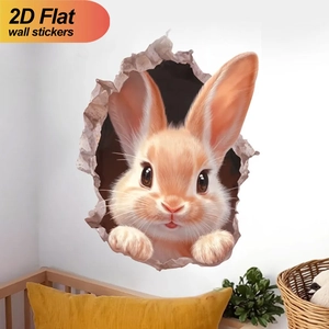 3D Wandtattoo mit süßem Kaninchen durch gebrochene Wand, PVC Aufkleber für Kinderzimmer