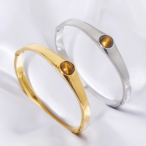 Jonc Minimaliste en Acier Inoxydable 304 Incrusté d'Œil de Tigre pour Femmes Plaqué Or 18K Géométrique Bracelet de Manchette Bijoux