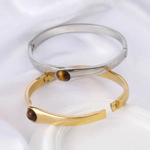 Bracelets en acier inoxydable plaqué or 18K avec incrustation d'oeil de tigre