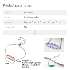 Adjustable crystal bracelet with oval stones and copper chain in pink, purple and green