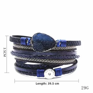 Blauwe leren meerlaagse wikkelarmband met hartkristal en metalen sluiting