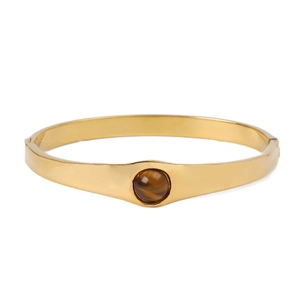 Bracelet jonc en acier inoxydable plaqué or 18 carats avec pierre œil de tigre