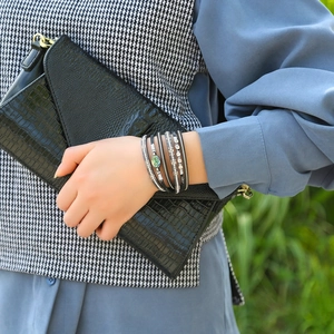 Multilayer leather wrap bracelet with crystal metal chains and green oval stone
