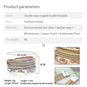 Bohemian multilayer leather wrap bracelet with pearls, crystals and magnetic clasp