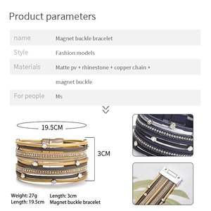 Bracelet multicouche en similicuir pour femme avec strass et fermoir magnétique