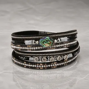 Bohemian Multilayer Wrap Bracelet For Women Abalone Shell Rhinestone Inlaid Leather Cord Magnetic Clasp Fashion Jewelry