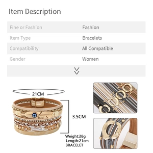 Detail view of multilayer leather bracelet with evil eye bead and dimensions 21cm x 3.5cm