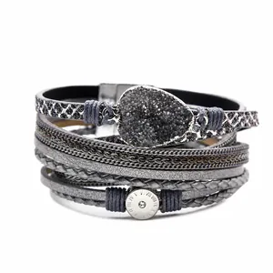 Boheems Meerlaags Leren Wikkelarmband Voor Dames Met Legering Strass Magneetsluiting Kunstmatige Druzy-steen Armband Sieraden