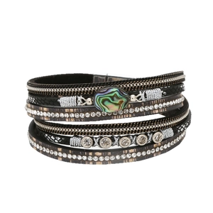 Bohemian multilayer leather wrap bracelet with abalone shell stone and magnetic clasp