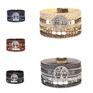 Multilayer Tree of Life leather wrap bracelet with sparkling rhinestones and magnetic clasp