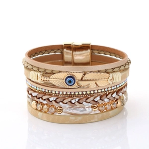 Bohemian multi-layer wrap bracelet with evil eye, pearl, feather charms and magnetic clasp