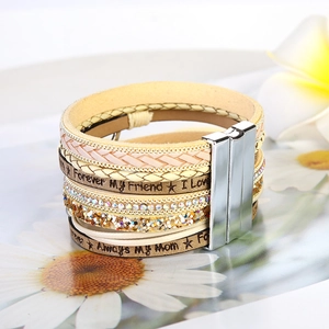 Close-up of multilayer leather tree of life bracelet with magnetic clasp and crystal inlay