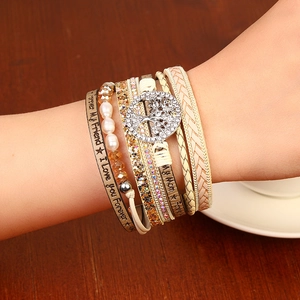 Multilayer leather wrap bracelet with Tree of Life charm and crystal bead accents