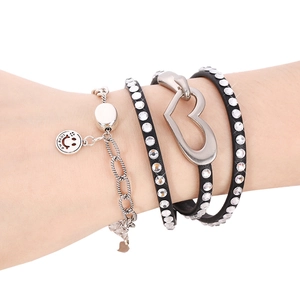 Fashionable layered leather heart bracelet set with rhinestones and silver smile pendant