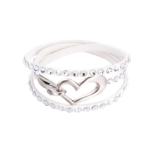 Detail of multi-layer white leather bracelet with crystal studs and silver heart clasp