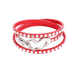 Detail of red leather multi-layer wrap bracelet with crystal rhinestones and heart clasp