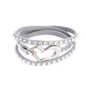 Detail of multi-layer grey leather wrap bracelet with crystal studs and silver heart clasp