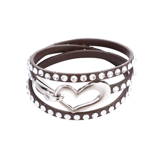 Detail view of multi-layer leather wrap bracelet with crystal rhinestones and heart clasp