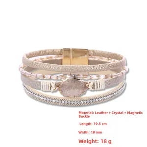 Champagnerfarbenes Kristall-Leder-Wickelarmband mit Magnetverschluss und Perlen, 19.5cm