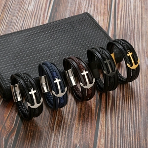 Pulsera Multicapa de Cuero Trenzado para Hombre Acero Inoxidable Ancla Cruz Colgante Náutico Punk Cierre Magnético Joyería